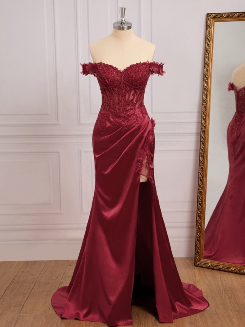 Off-Shoulder Wine Red Satin Prom Gown with Lace Appliqué